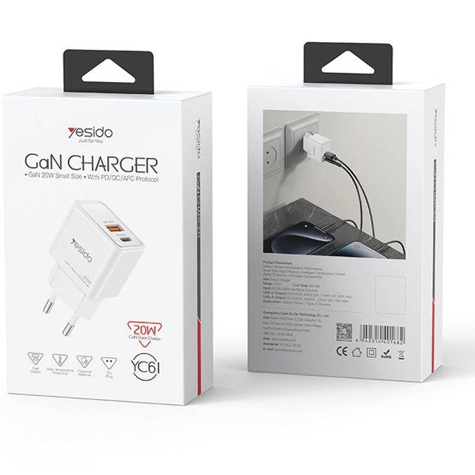 کلگی فست شارژ Yesido YC61 Gan 2Port 3A QC PD 20W