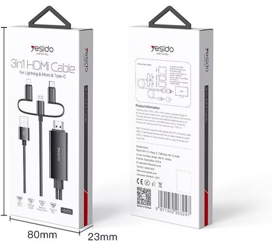 کابل 3 سر Lightning، تایپسی، میکرو به Hdmi یسیدو سری 4k مدل HM05 طول 1.8 متر