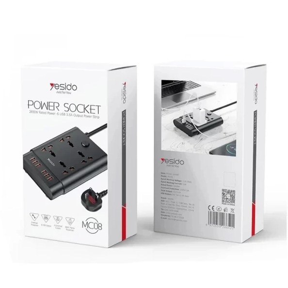 چندراهی برق یسیدو مدل MC08 با ۴ پریز و ۶ پورت USB طول سیم ۳ متر