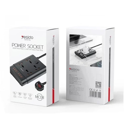 چندراهی برق یسیدو مدل MC08 با ۴ پریز و ۶ پورت USB طول سیم ۳ متر