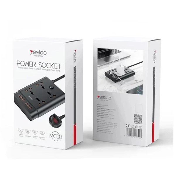 چندراهی برق یسیدو مدل MC08 با ۴ پریز و ۶ پورت USB طول سیم ۳ متر